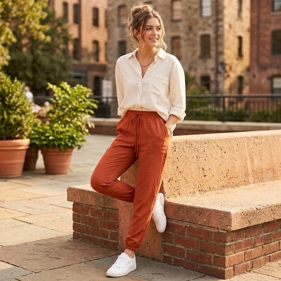 NYCC Pants - NYCC Burnt Orange Satin-Finish Joggers | Tapered High-Rise Lounge Pants Large
